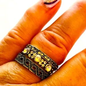 💜3/$30 Set of 3 Antiqued Silvertone Rings size 9-10 Crystals and Marcasite